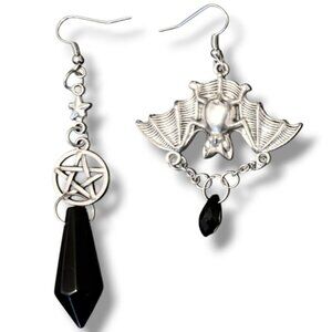 Handmade Goth Witchy Dangly Bat Pentagram Drop Earrings